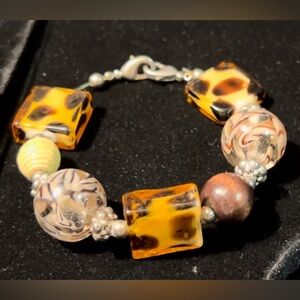 Safari Themed Glass n Wooden Beaded Silver Tone Bracelet